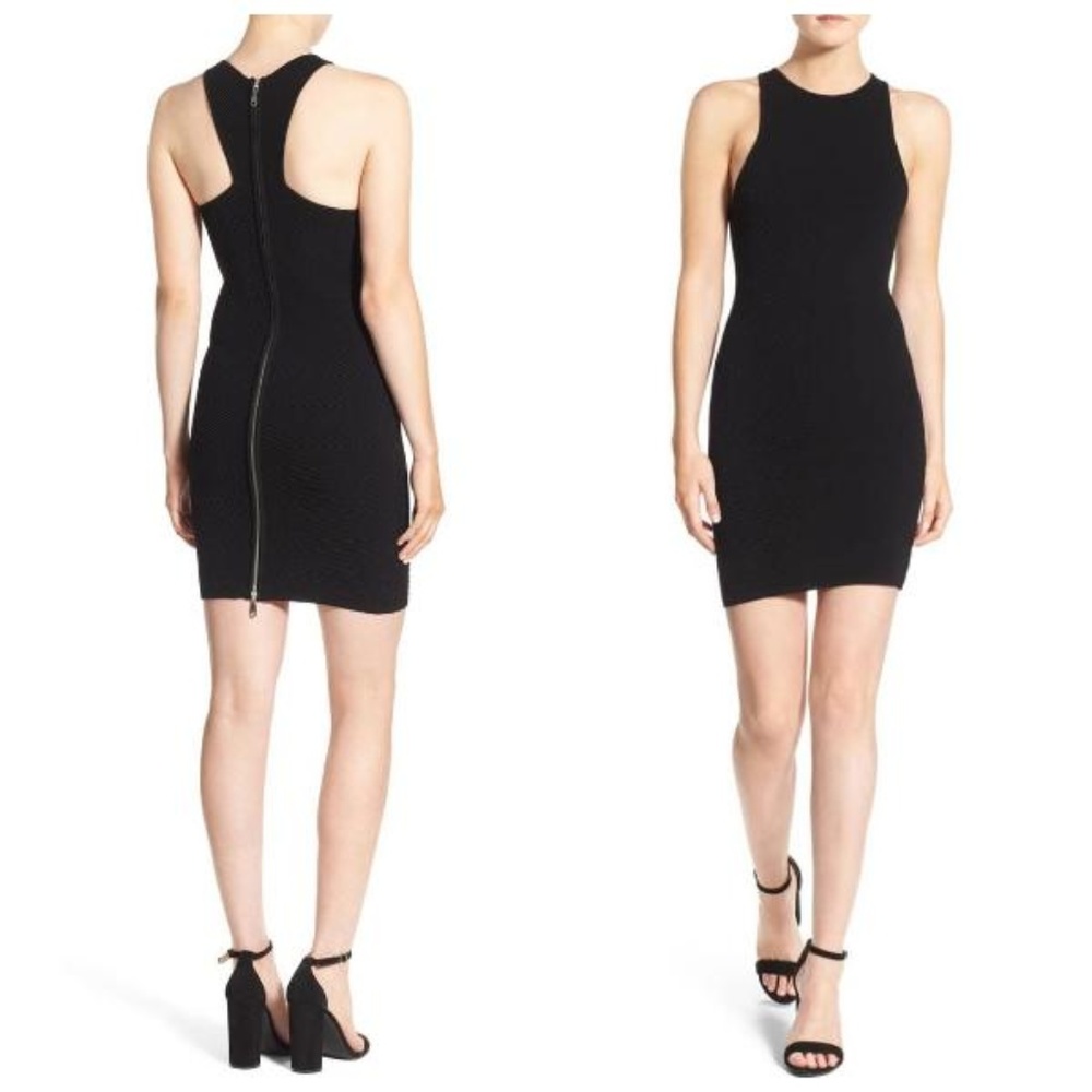 Rebecca Minkoff Black Body Con Zip Jenn Dress Ribbed Knit size L 8 NWT